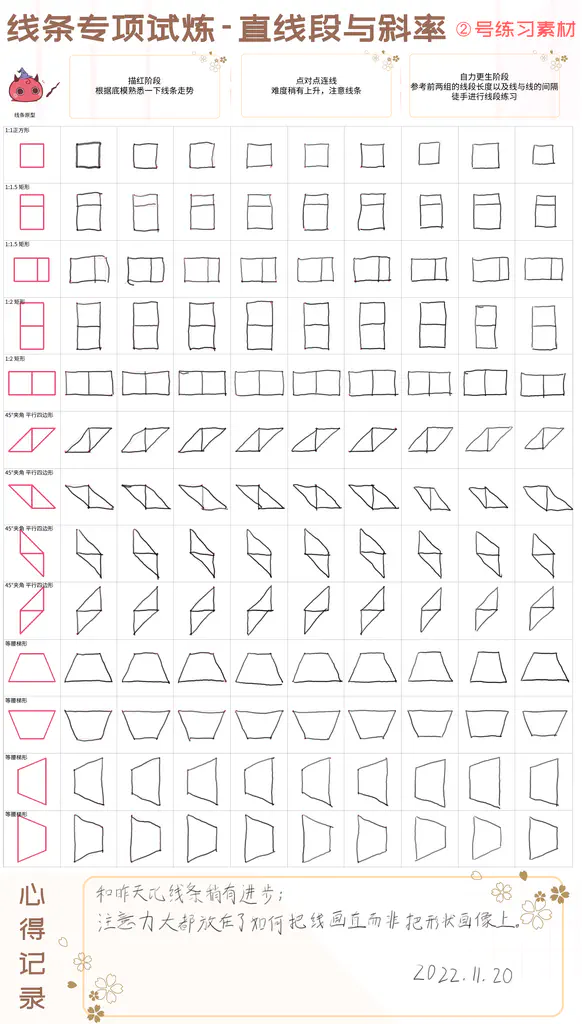 2022-11-20 (Day2, 素材2): 和昨天比线条略有进步；注意力大都放在了如何把线画直而非把形状画像上。