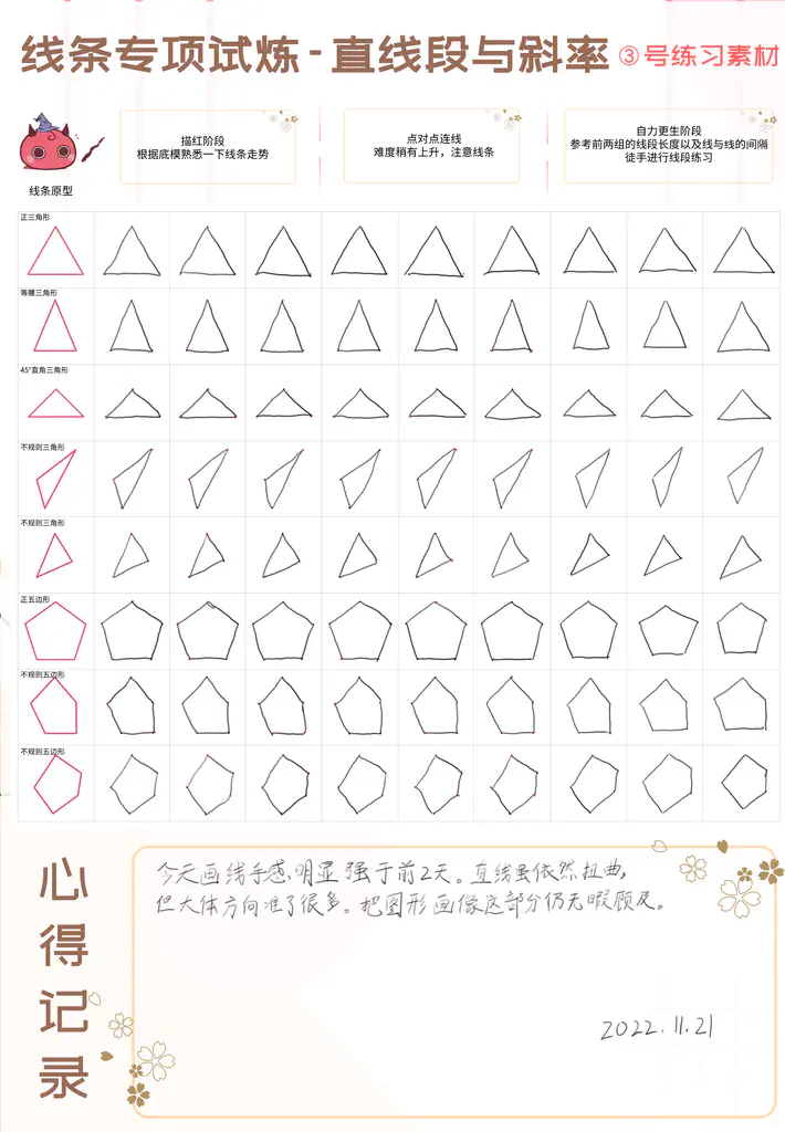 2022-11-21 (Day3, Ex3): Got a better touch than last 2d. However, lines are still wobbly; Feel a tiny perception of slope.