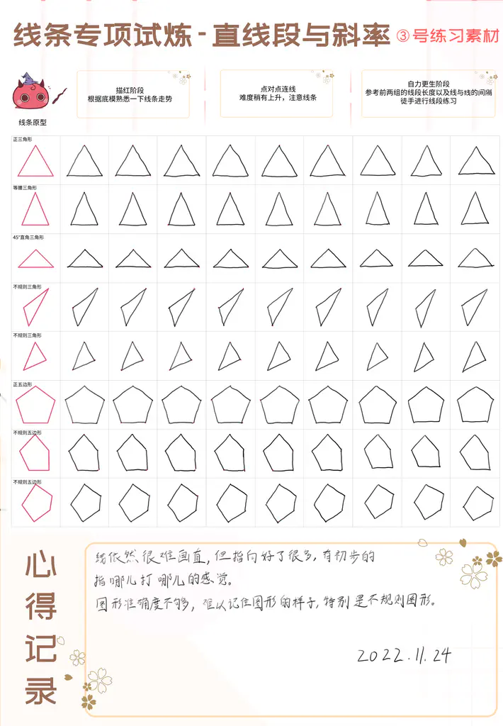 2022-11-24 (Day6, Ex3): Feel more comfortable while drawing, although lines still aren't straight. Shapes are not similar to the original, and hard to remember. This occurs significantly on irregular shapes.